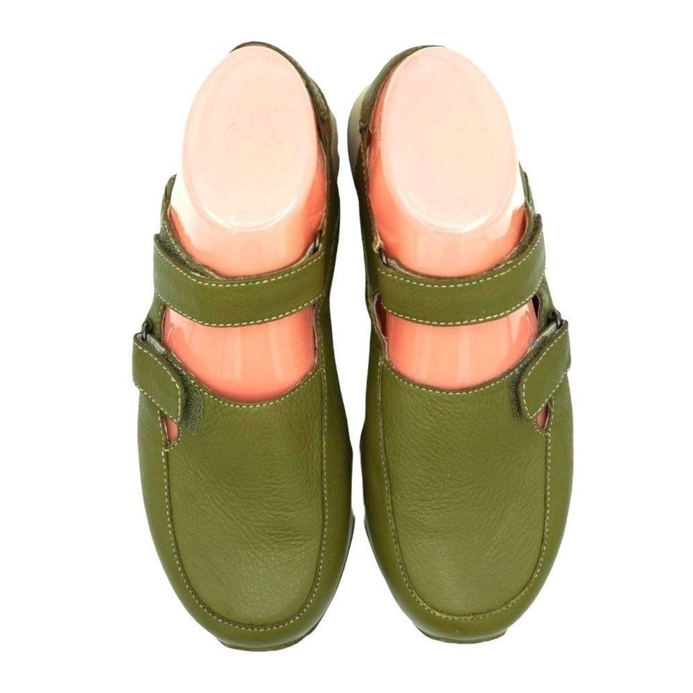 Gorpcore Simple Mary Jane Shoes Women 7.5 Olive Green Leather Wedge Straps - Picture 4 of 12